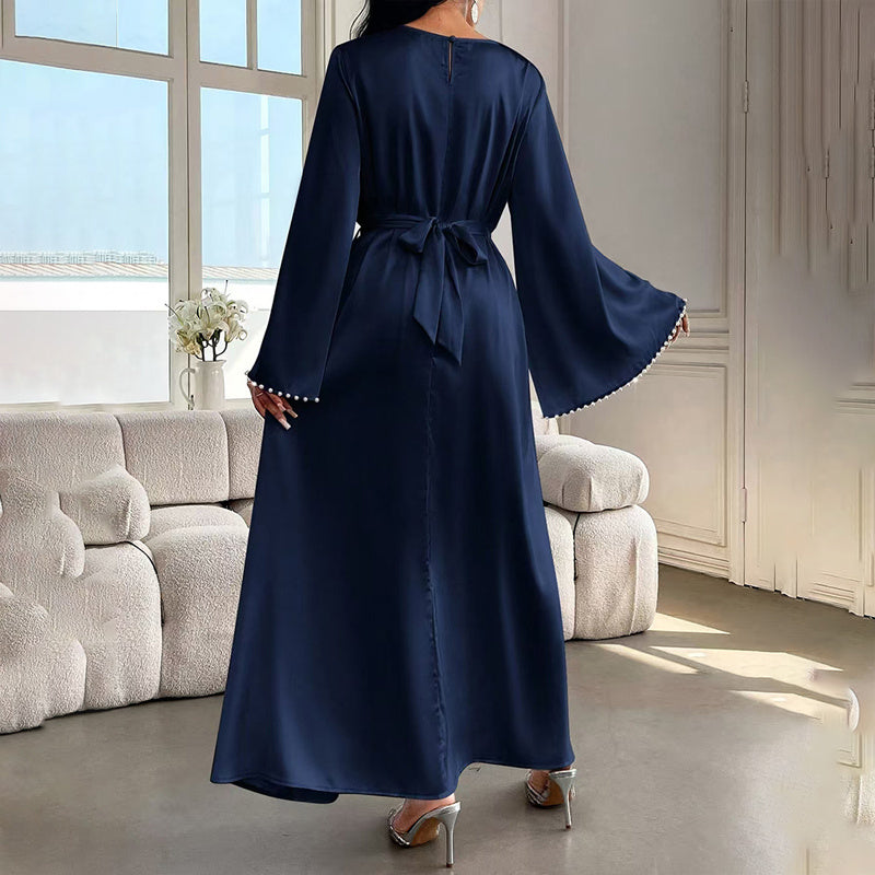 Elegant Round Neck Solid Color Flared Maxi Dress Long Sleeve With Pearl Cuff Detail, Modest A-Line Middle Eastern Abaya Party & Vacation Dress For Women - Meesal
