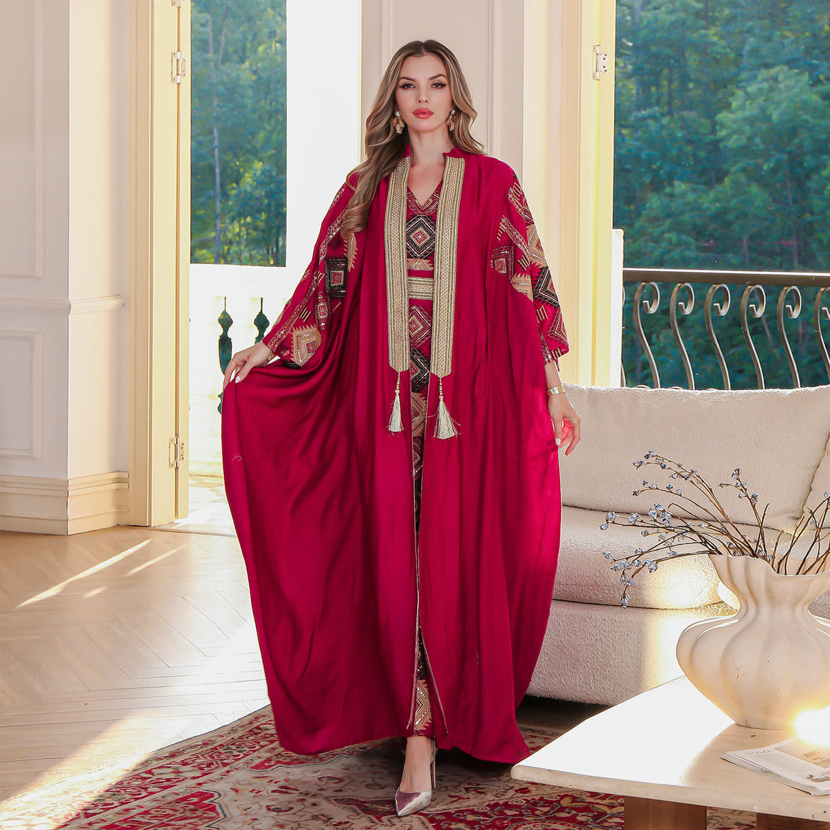 Middle East Muslim Embroidered Robe Abaya Light Luxury Evening Gown Two-piece Set Dress - Meesal