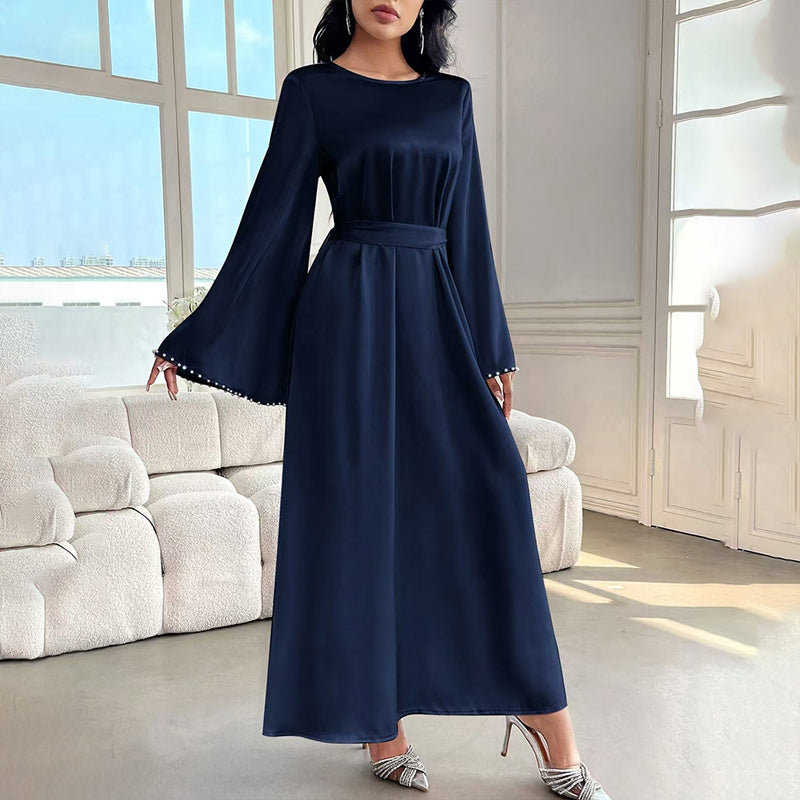Elegant Round Neck Solid Color Flared Maxi Dress Long Sleeve With Pearl Cuff Detail, Modest A-Line Middle Eastern Abaya Party & Vacation Dress For Women - Meesal