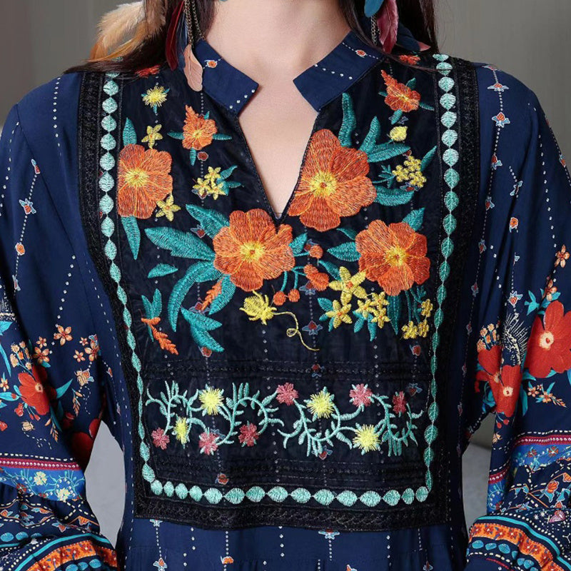 Women's Ethnic Style V-Neck Long Sleeve Dress - Embroidered Floral Pattern A-Line Maxi Dress With Printed Hem Middle Eastern Inspired Fashion - Meesal