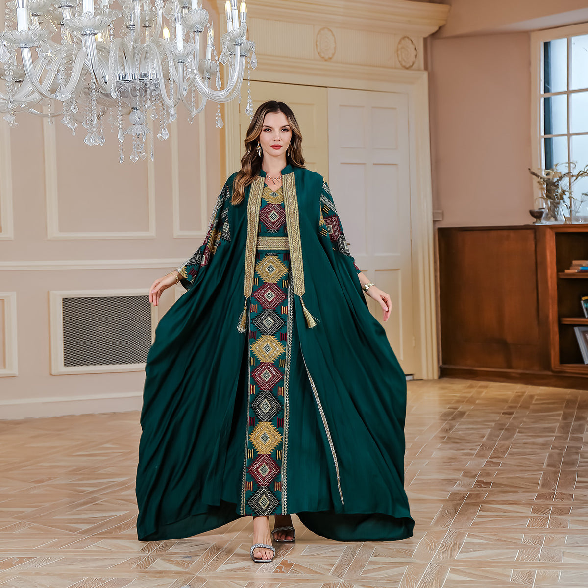 Middle East Muslim Embroidered Robe Abaya Light Luxury Evening Gown Two-piece Set Dress - Meesal