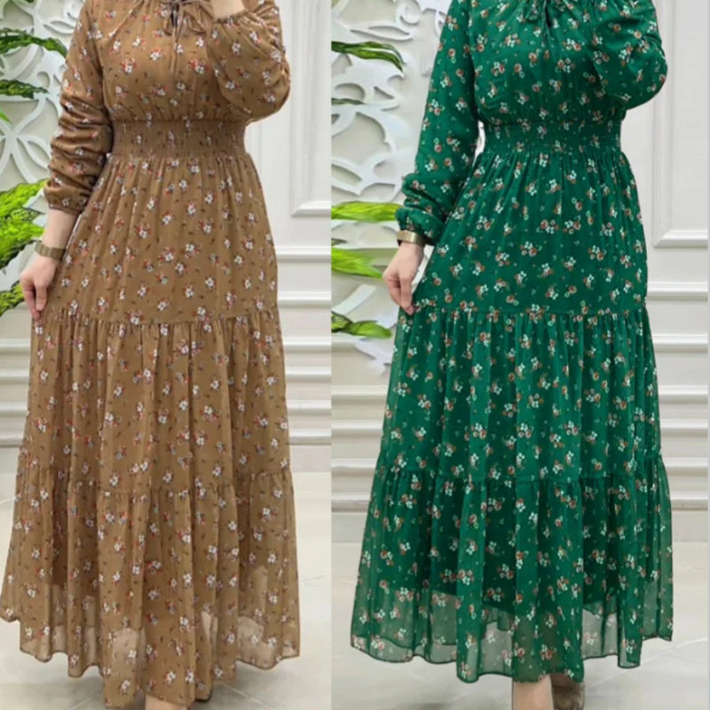 Women's Middle East Muslim Chiffon Flower Smocking Long Fashion Elegant Dress - Meesal
