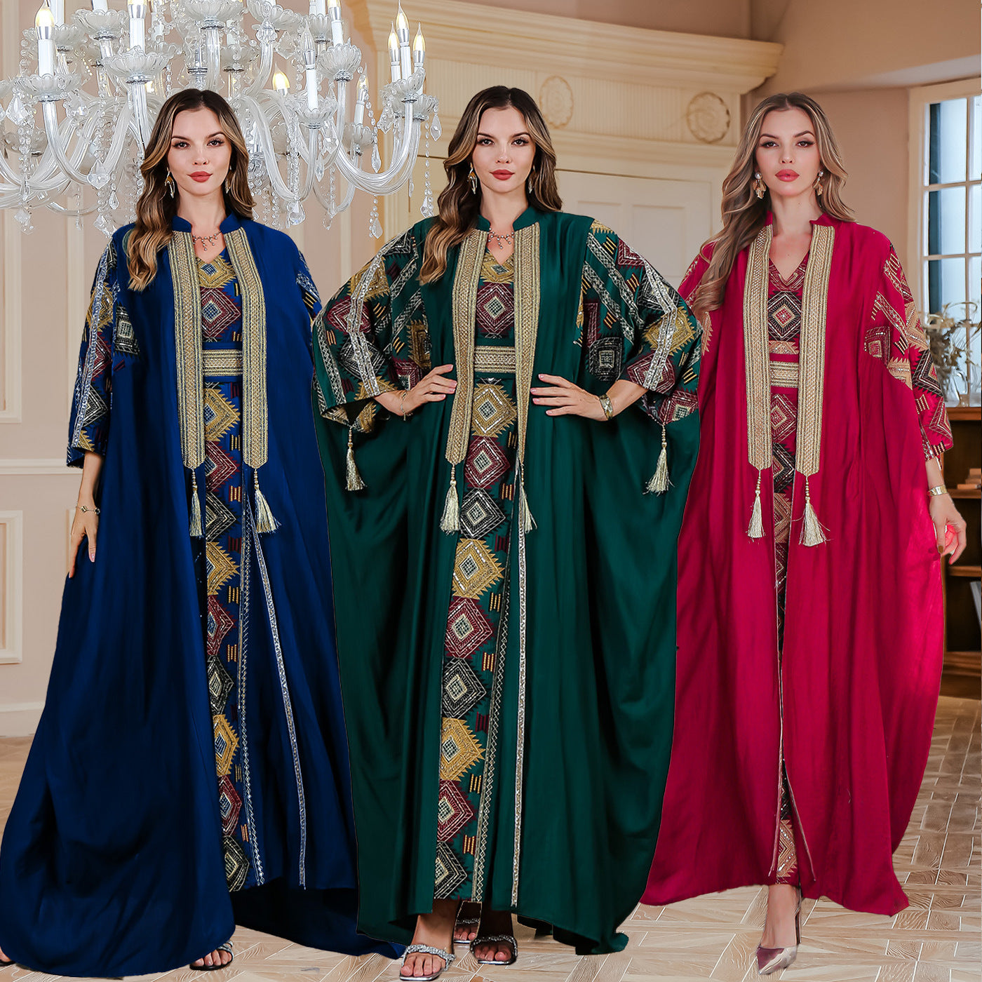 Middle East Muslim Embroidered Robe Abaya Light Luxury Evening Gown Two-piece Set Dress - Meesal