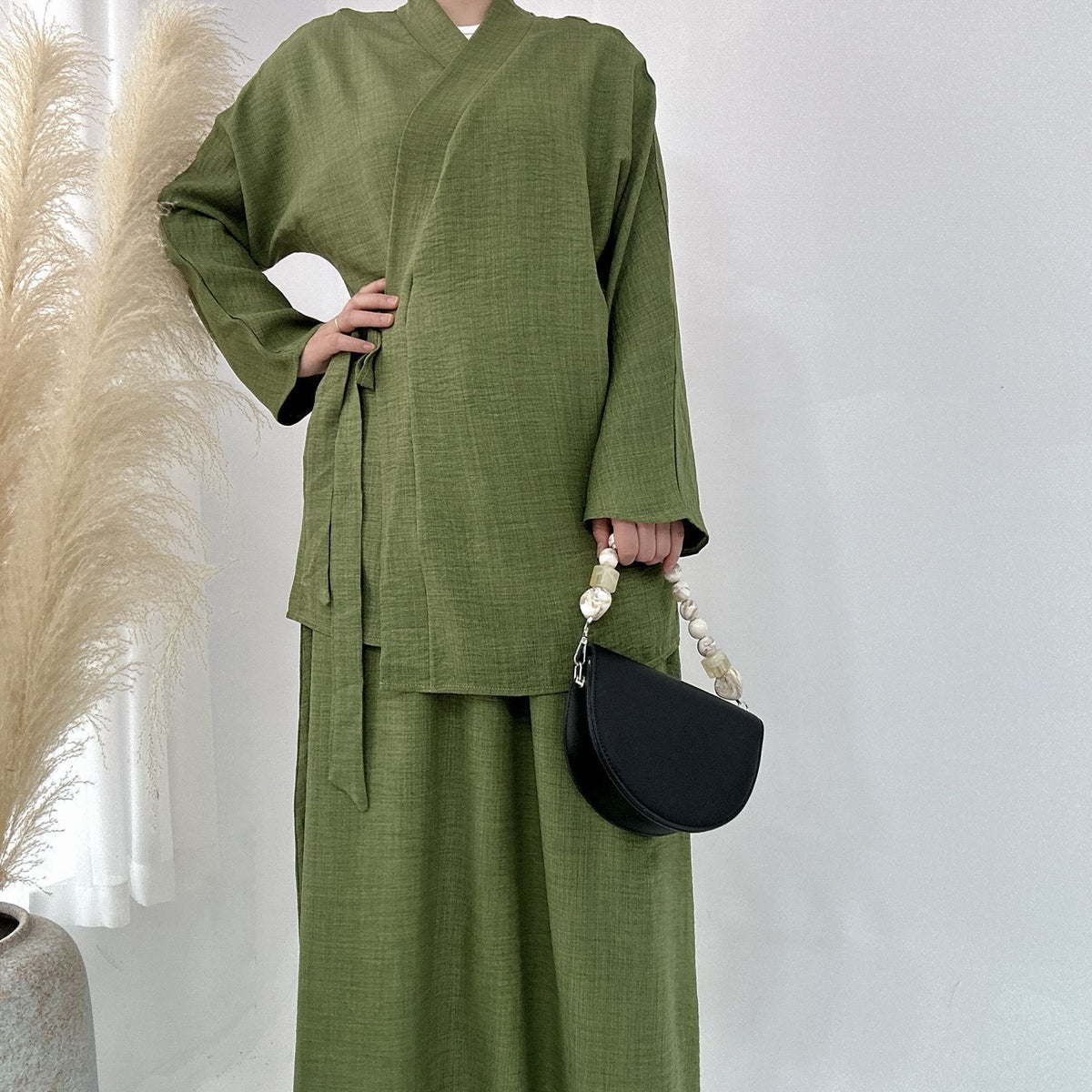 Solid Color Casual Lace Up Middle East Dubai Top And Skirt Suit - Meesal