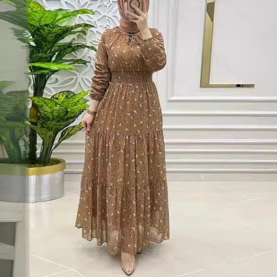 Women's Middle East Muslim Chiffon Flower Smocking Long Fashion Elegant Dress - Meesal