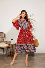 Fat Women Dresses Summer V Neck Print Beach Dress - Meesal