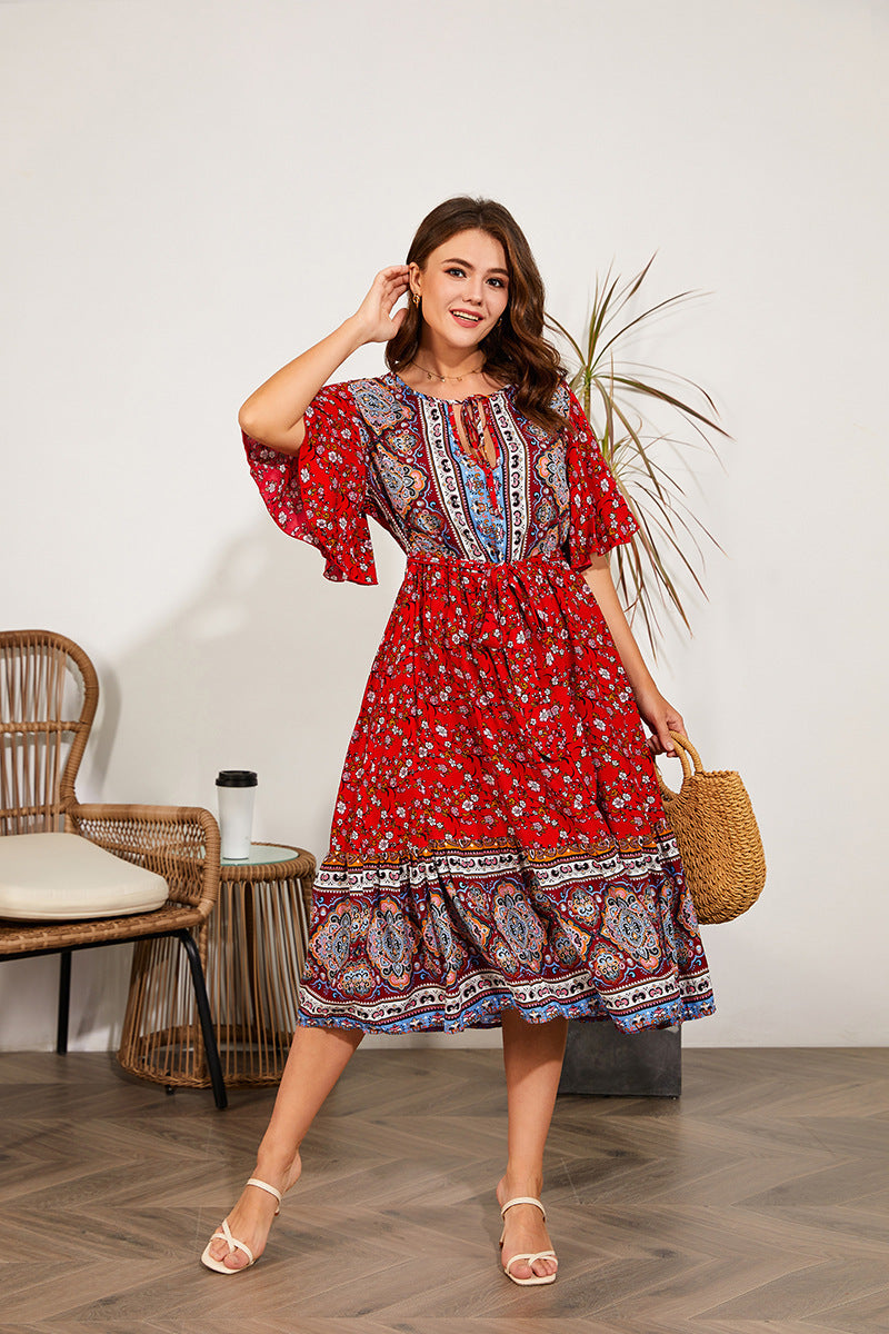 Fat Women Dresses Summer V Neck Print Beach Dress - Meesal