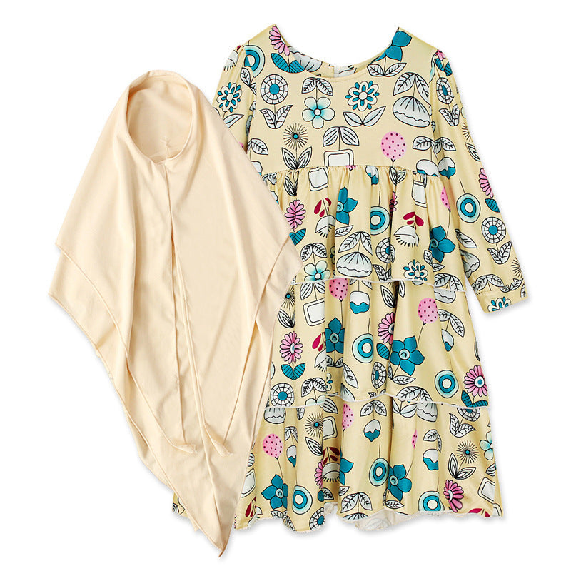 Girls Spring And Autumn Models Arab Clothing Muslim Long-Sleeved Flower Dress And Headscarf - Meesal
