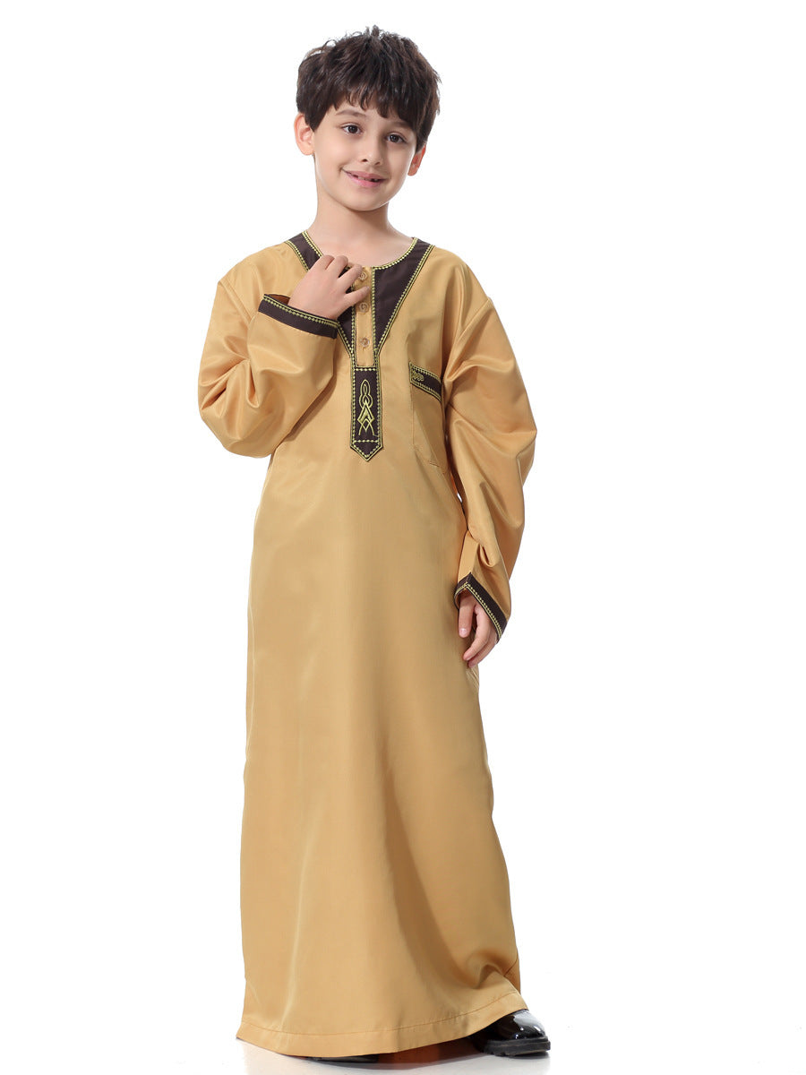 Muslim Arab Middle Eastern Youth Embroidered Round Neck Boy Robe - Meesal