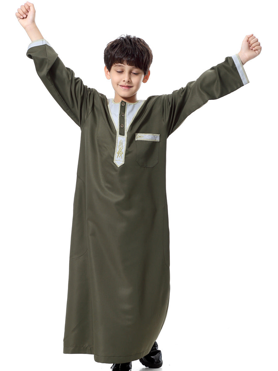 Muslim Arab Middle Eastern Youth Embroidered Round Neck Boy Robe - Meesal