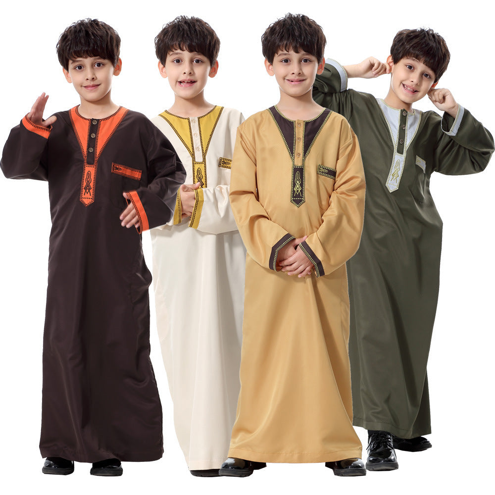 Muslim Arab Middle Eastern Youth Embroidered Round Neck Boy Robe - Meesal