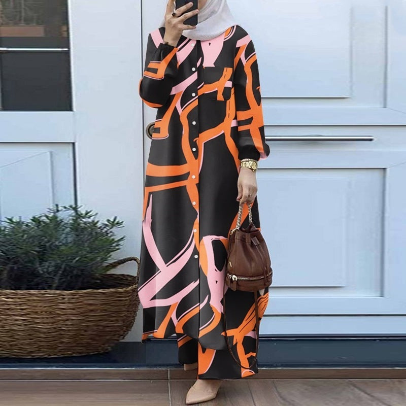 Muslim Suit Two-piece Spring And Autumn Clothing Retro Long Shirt Wide Leg Pants Suit - Meesal