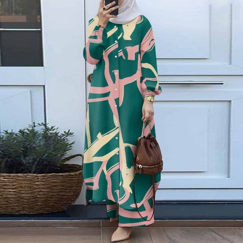 Muslim Suit Two-piece Spring And Autumn Clothing Retro Long Shirt Wide Leg Pants Suit - Meesal