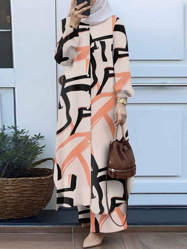Muslim Suit Two-piece Spring And Autumn Clothing Retro Long Shirt Wide Leg Pants Suit - Meesal