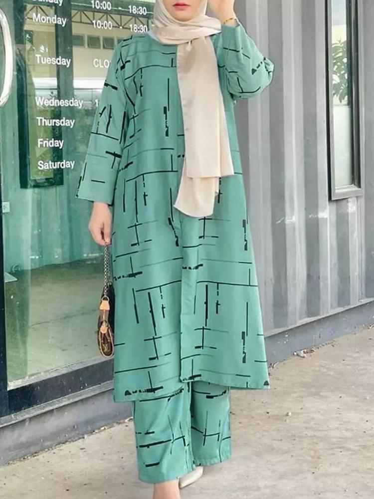 Women's Muslim Print Daily Suit Army Green Fashion Casual Set - Meesal