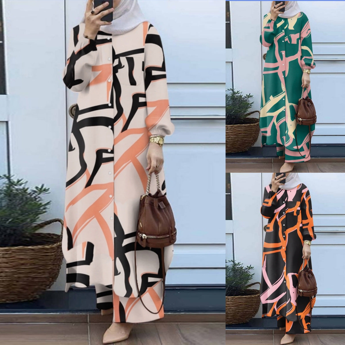 Muslim Suit Two-piece Spring And Autumn Clothing Retro Long Shirt Wide Leg Pants Suit - Meesal