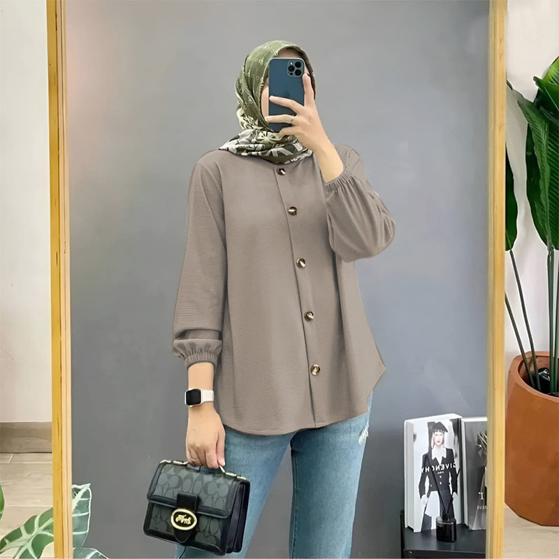 Muslim Ice Silk Wrinkle Stand-up Collar Literary Vintage Cardigan Loose Shirt Women - Meesal