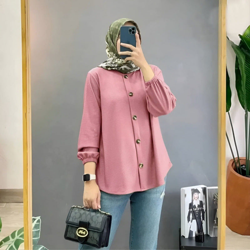 Muslim Ice Silk Wrinkle Stand-up Collar Literary Vintage Cardigan Loose Shirt Women - Meesal
