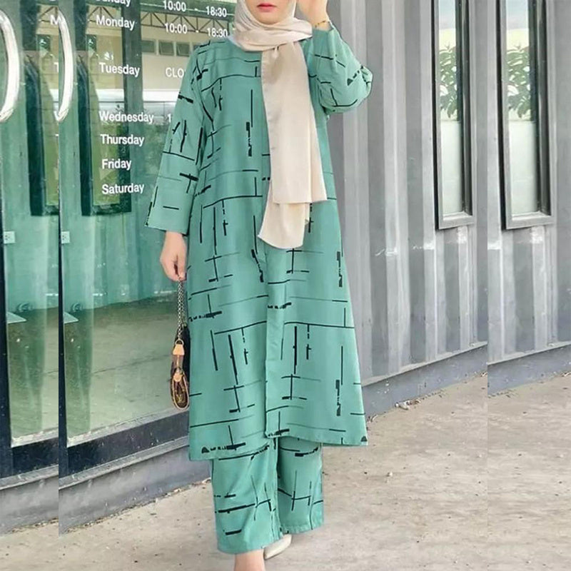Women's Muslim Print Daily Suit Army Green Fashion Casual Set - Meesal