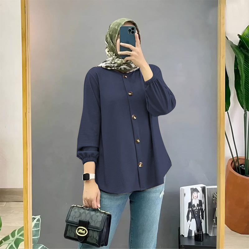 Muslim Ice Silk Wrinkle Stand-up Collar Literary Vintage Cardigan Loose Shirt Women - Meesal