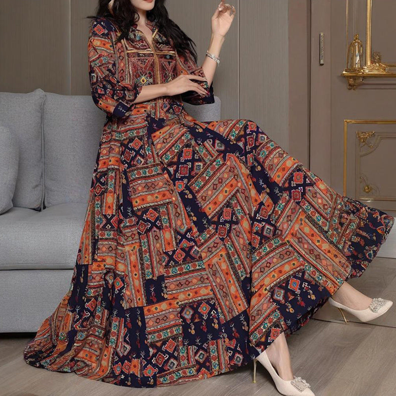 Women's Middle Eastern Style Long Sleeve Dress - Geometric Print V-Neck Embroidered Maxi Dress Boho Vacation Dress - Meesal