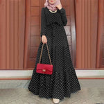 Women Polka Dot Long Sleeve Dress Stylish Belts Party Robe - Meesal