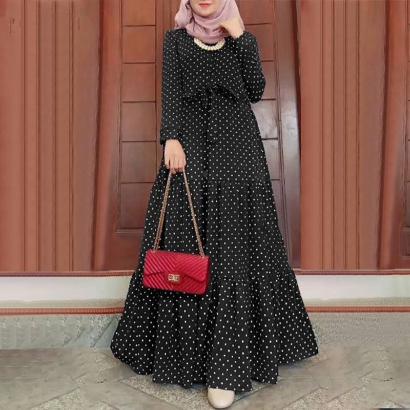 Women Polka Dot Long Sleeve Dress Stylish Belts Party Robe - Meesal