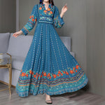 Women's Ethnic Style V-Neck Long Sleeve Dress - Embroidered Floral Pattern A-Line Maxi Dress With Printed Hem Middle Eastern Inspired Fashion - Meesal