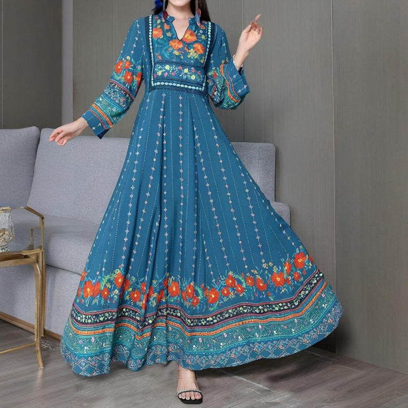 Women's Ethnic Style V-Neck Long Sleeve Dress - Embroidered Floral Pattern A-Line Maxi Dress With Printed Hem Middle Eastern Inspired Fashion - Meesal