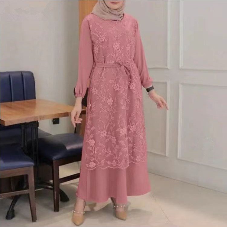 Muslim Round Neck Lace Floral Dress - Meesal