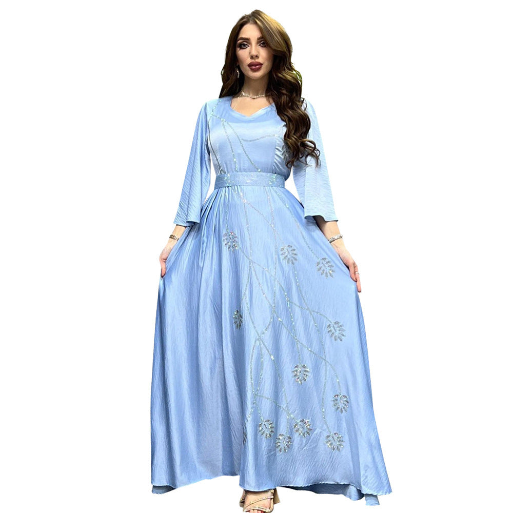 Muslim Leaves Pattern Rhinestone Belt Dubai Robe Gown - Meesal