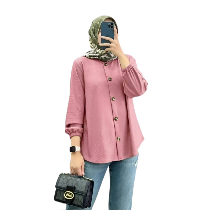 Muslim Ice Silk Wrinkle Stand-up Collar Literary Vintage Cardigan Loose Shirt Women - Meesal
