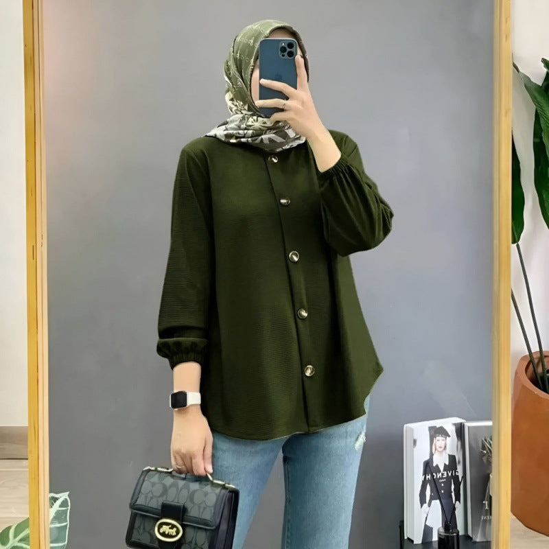 Muslim Ice Silk Wrinkle Stand-up Collar Literary Vintage Cardigan Loose Shirt Women - Meesal