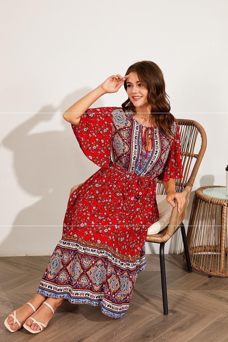Fat Women Dresses Summer V Neck Print Beach Dress - Meesal