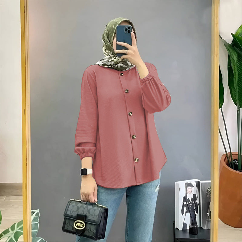 Muslim Ice Silk Wrinkle Stand-up Collar Literary Vintage Cardigan Loose Shirt Women - Meesal