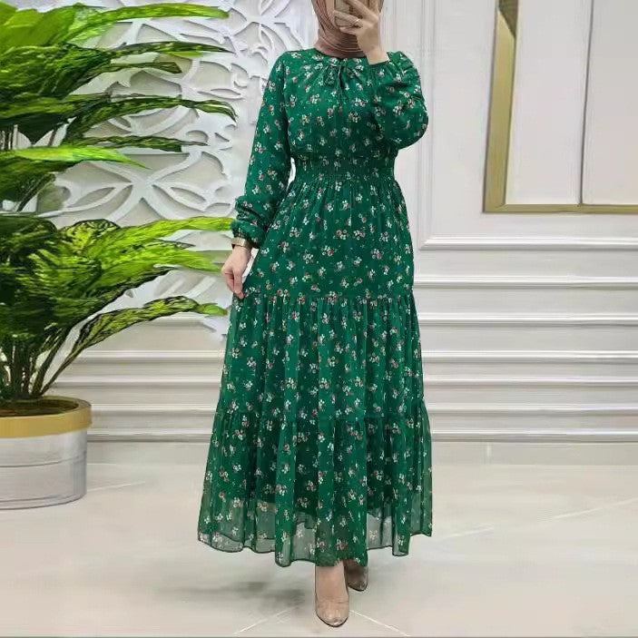 Women's Middle East Muslim Chiffon Flower Smocking Long Fashion Elegant Dress - Meesal