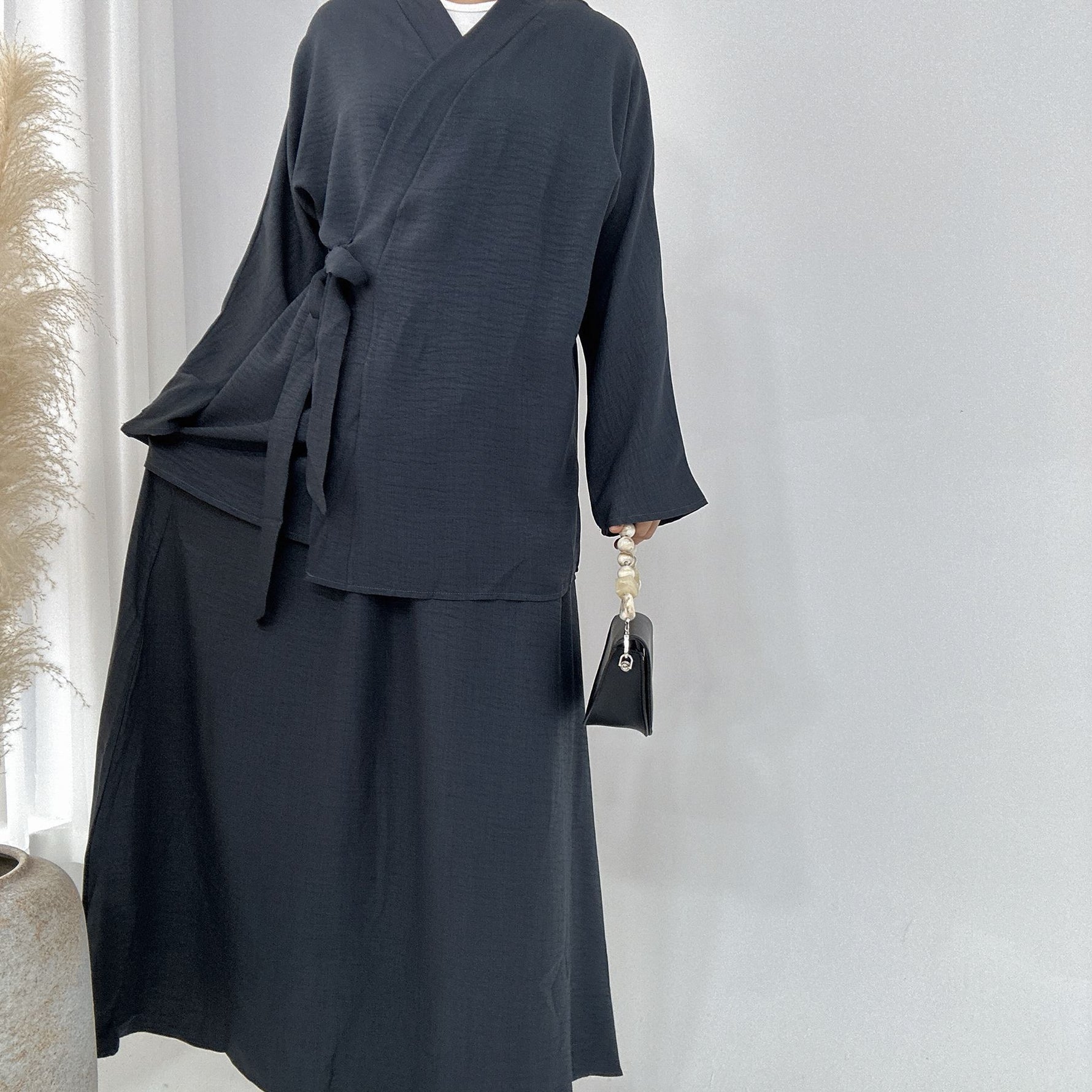 Solid Color Casual Lace Up Middle East Dubai Top And Skirt Suit - Meesal