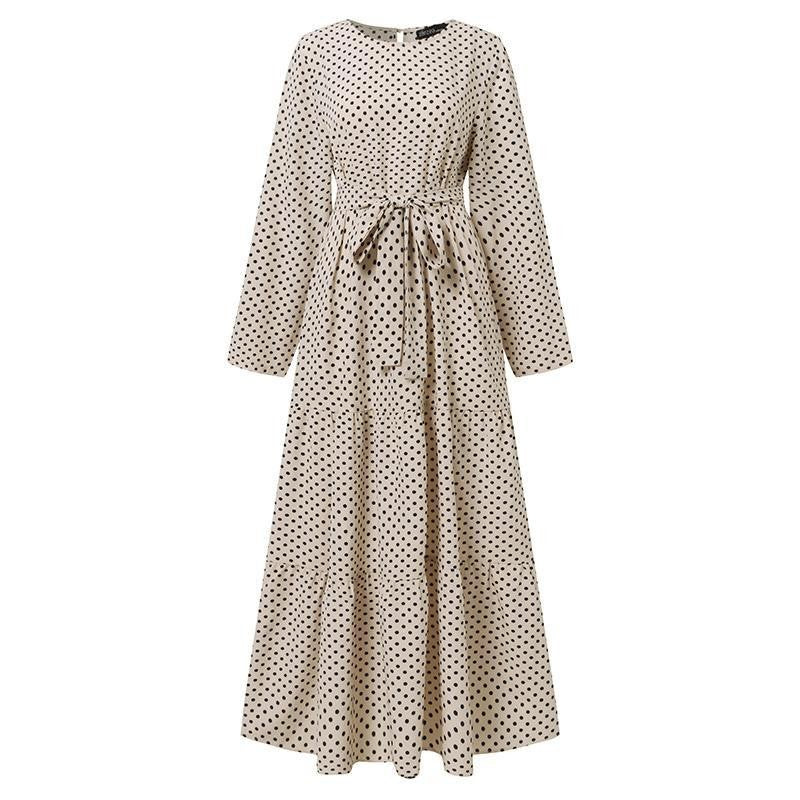 Women Polka Dot Long Sleeve Dress Stylish Belts Party Robe - Meesal