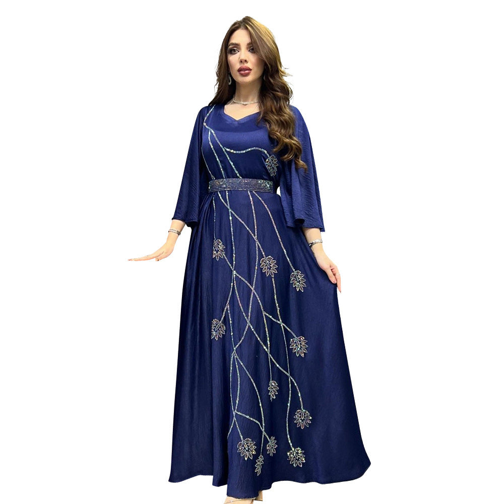 Muslim Leaves Pattern Rhinestone Belt Dubai Robe Gown - Meesal