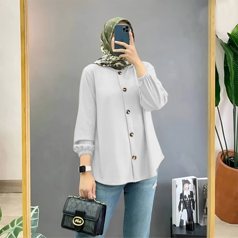 Muslim Ice Silk Wrinkle Stand-up Collar Literary Vintage Cardigan Loose Shirt Women - Meesal