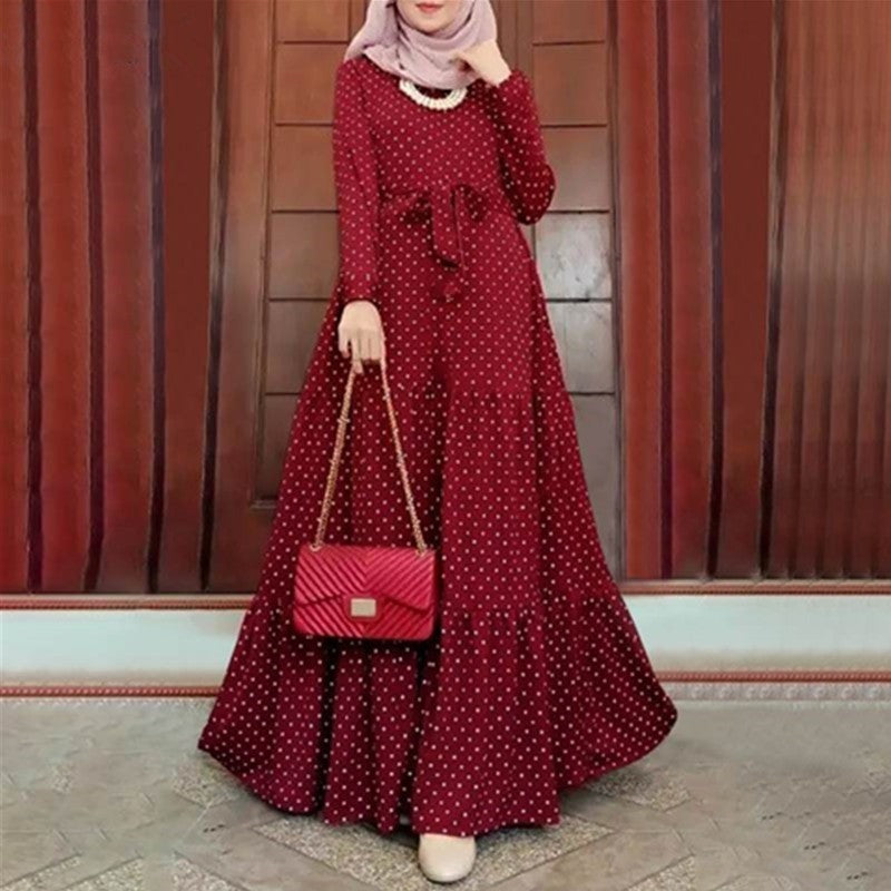 Women Polka Dot Long Sleeve Dress Stylish Belts Party Robe - Meesal