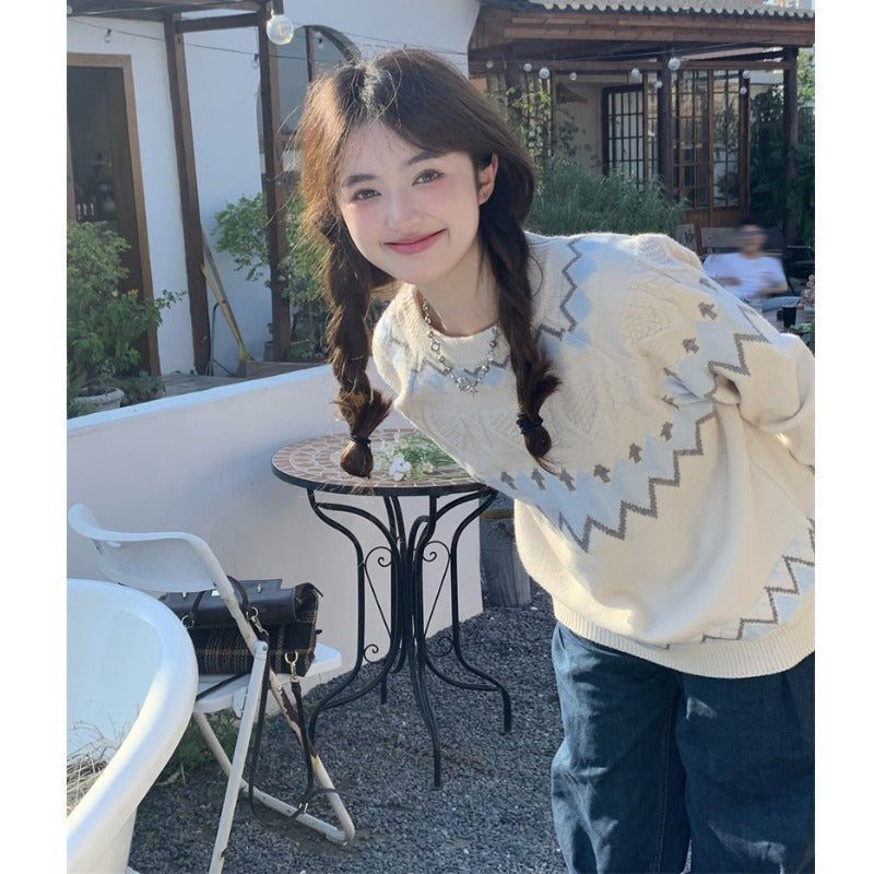 Loose Korean Style Rhombus Knitted Top - Meesal
