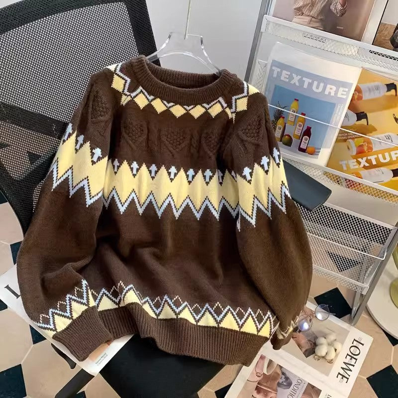Loose Korean Style Rhombus Knitted Top - Meesal
