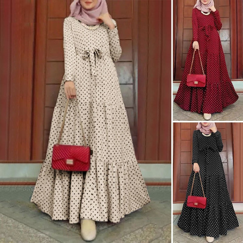 Women Polka Dot Long Sleeve Dress Stylish Belts Party Robe - Meesal