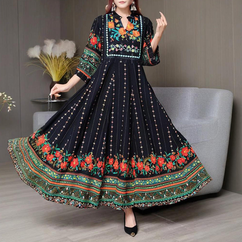 Women's Ethnic Style V-Neck Long Sleeve Dress - Embroidered Floral Pattern A-Line Maxi Dress With Printed Hem Middle Eastern Inspired Fashion - Meesal