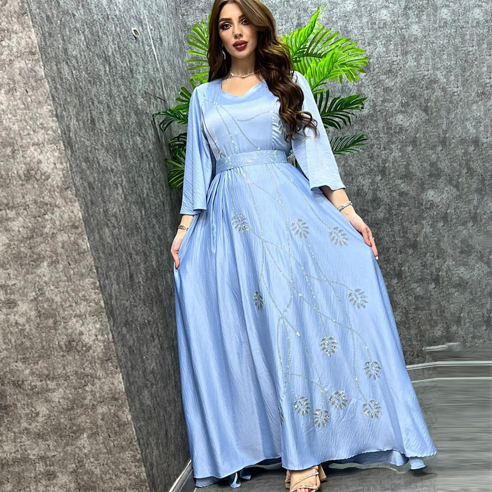 Muslim Leaves Pattern Rhinestone Belt Dubai Robe Gown - Meesal
