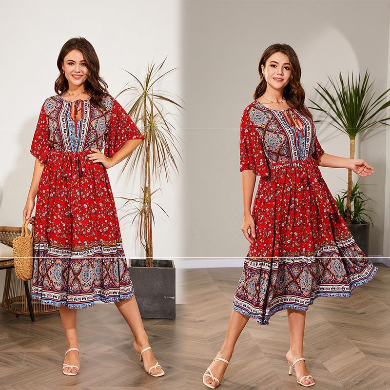 Fat Women Dresses Summer V Neck Print Beach Dress - Meesal