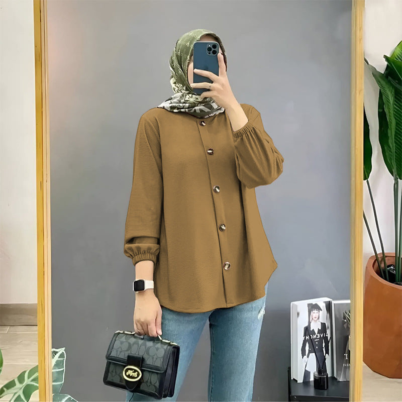 Muslim Ice Silk Wrinkle Stand-up Collar Literary Vintage Cardigan Loose Shirt Women - Meesal