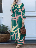Muslim Suit Two-piece Spring And Autumn Clothing Retro Long Shirt Wide Leg Pants Suit - Meesal