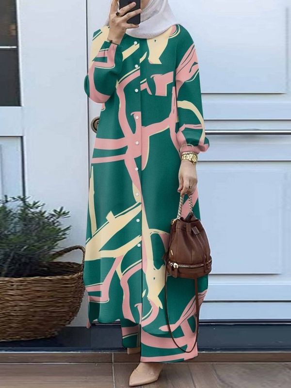 Muslim Suit Two-piece Spring And Autumn Clothing Retro Long Shirt Wide Leg Pants Suit - Meesal